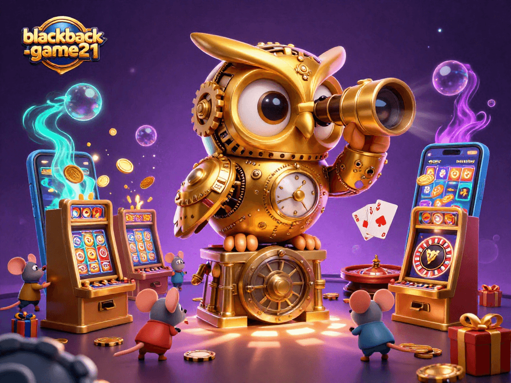 Experience thrilling gameplay at blackjack-game21 with a captivating clockwork owl overseeing a vibrant casino scene.