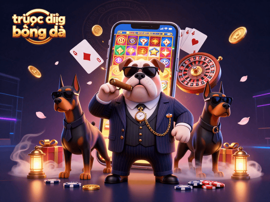 Experience trực tiếp bóng đá with a vibrant 3D digital casino scene highlighting games and rich rewards.