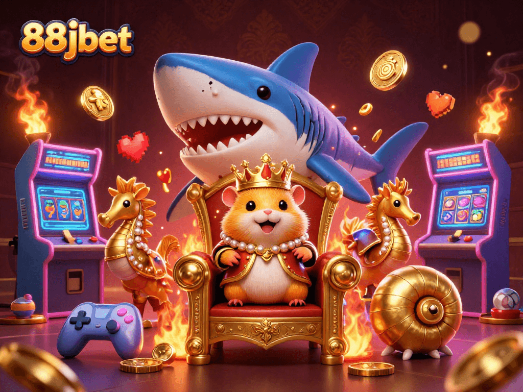 Engage with the vibrant world of 88jbet, where a golden hamster king rules in a royal arcade setting.