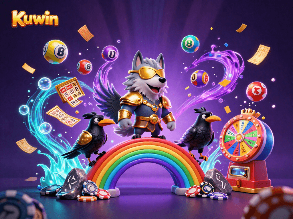 Kuwin brings the excitement of gaming with a mystical Norse-inspired scene featuring vibrant casino elements and dynamic lottery visuals.