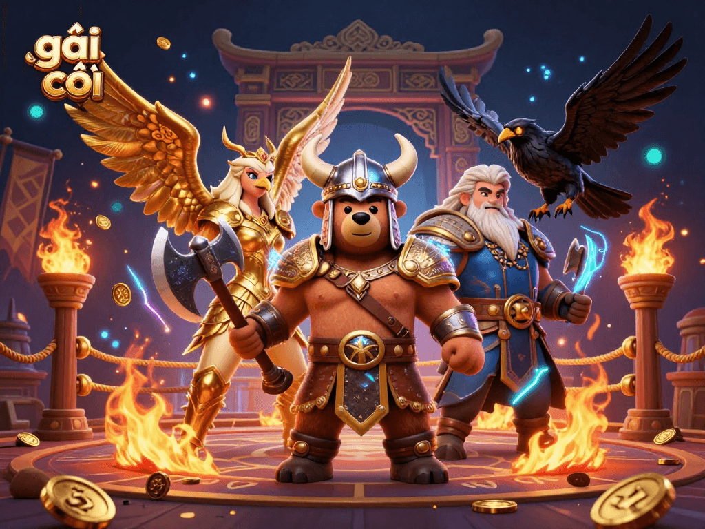 Engage with the world of gái gọi through this vibrant casino-inspired 3D illustration of mythical characters.