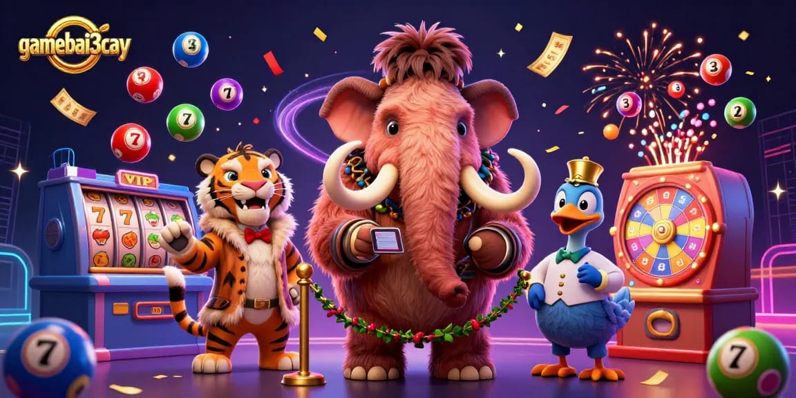 Engage with gamebai3cay's dynamic casino scene featuring a woolly mammoth, saber-tooth tiger, and dodo bird.