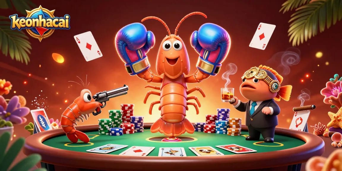 Engage with keonhacai in a vibrant poker showdown featuring 3D cartoon characters and casino elements.