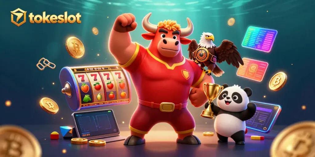 Engage with tokeslot's vibrant 3D casino scene showcasing themed characters and dynamic gaming elements.