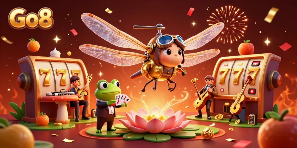 Experience the excitement at Go8 casino with a dynamic 3D illustration of a dragonfly pilot and a frog croupier amidst colorful slot symbols.