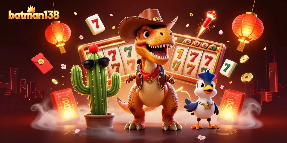 Experience winning jackpots and excitement with batman138, featuring a vibrant 3D T-Rex cowboy in an engaging casino scene.