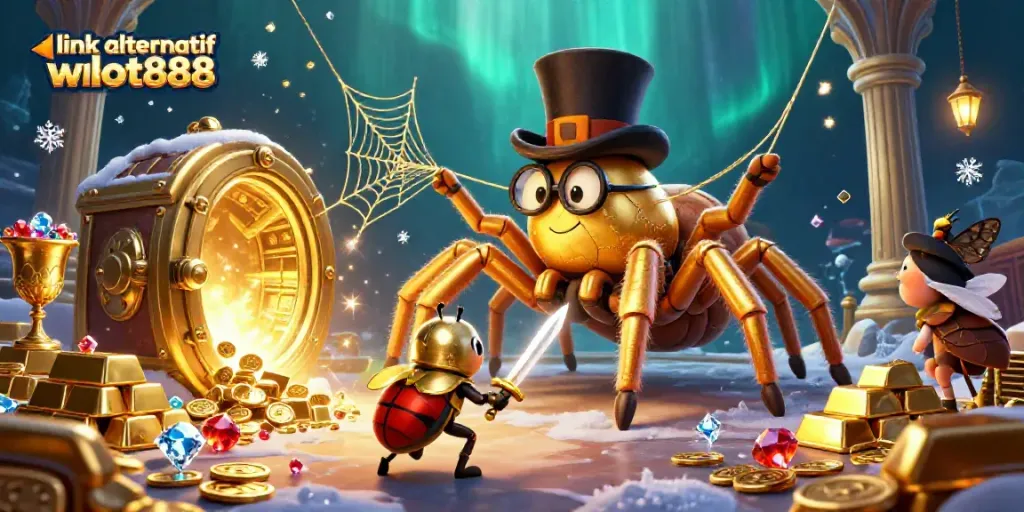 Permainan slot menarik dengan link alternatif wslot888 yang menampilkan tarantula emas dan ksatria kecil berani.