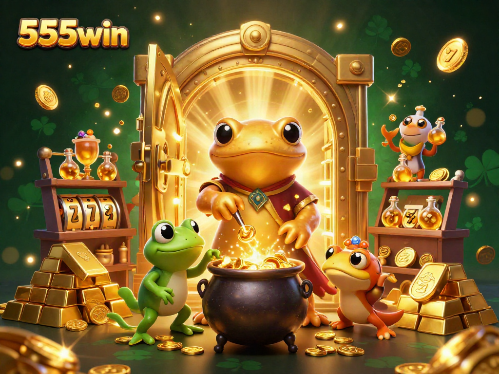Experience 555win excitement with a golden alchemist and dynamic slot elements in this enchanting scene.