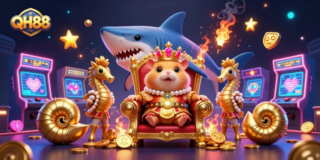 Engage with QH88's vibrant 3D casino world featuring a golden hamster king amidst colorful game elements.