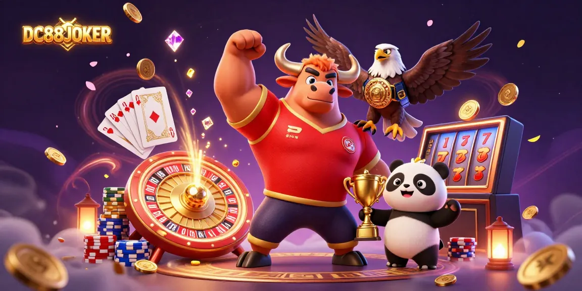 Celebrate with DC88JOKER as a muscular bull, eagle, and panda enjoy a thrilling casino adventure.