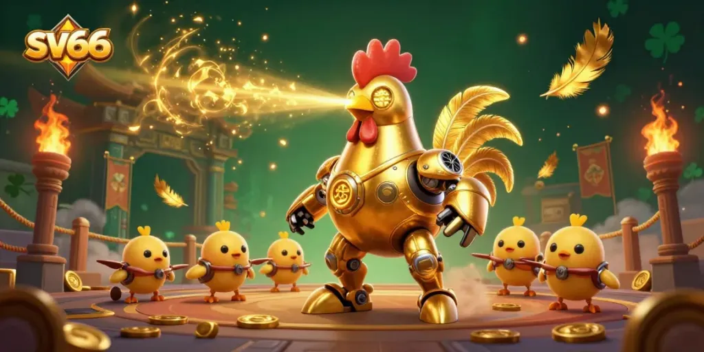 Engage in exciting gameplay with the sv66 golden rooster robot in a vibrant casino environment.