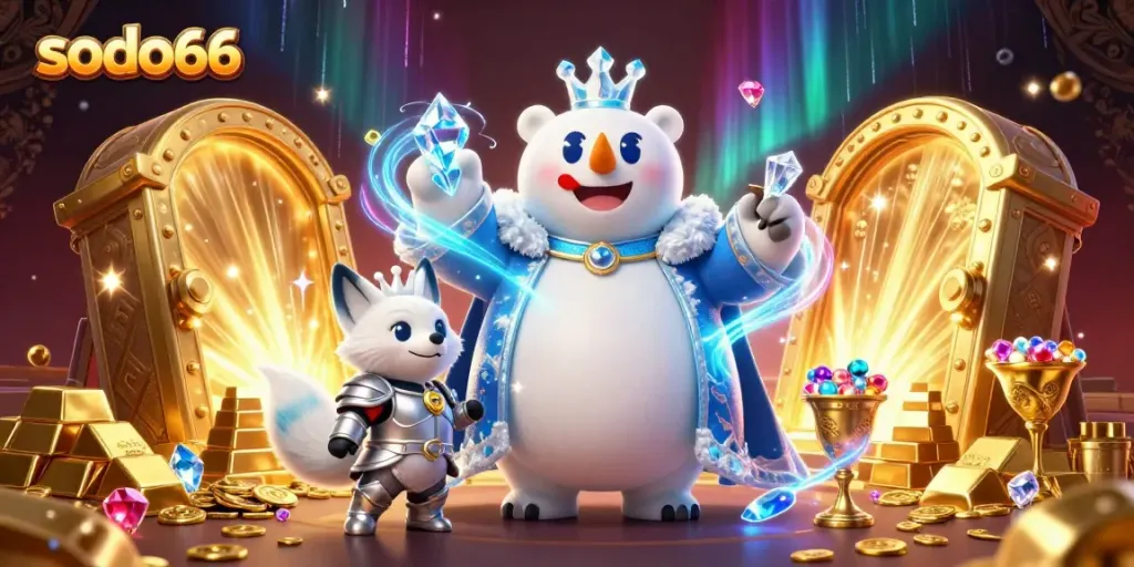 Simplified Sodo66 Casino illustration featuring a royal polar bear and snow fox in a vibrant gaming world.