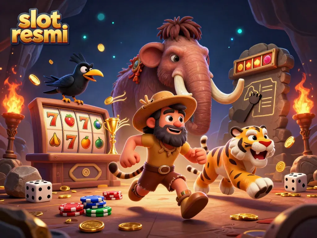 Experience the thrill at slot resmi with a caveman and sabertooth tiger in a vibrant casino scene.