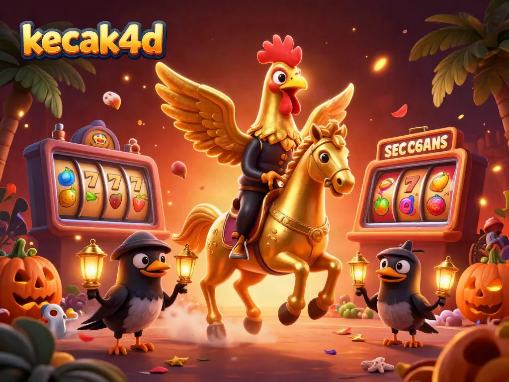Experience the excitement of kecak4d with a vibrant casino scene featuring golden roosters and thrilling slot machines.