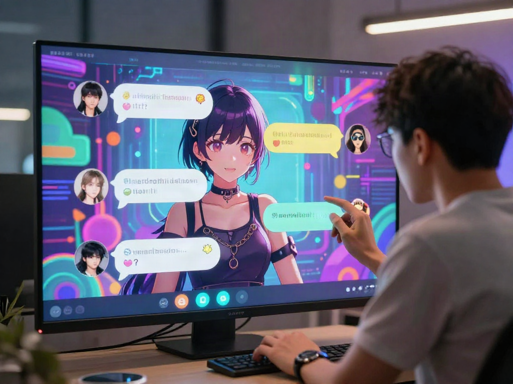 Engaging scene of a character in hentai AI chat technology, showcasing vibrant digital interaction and immersive graphics.