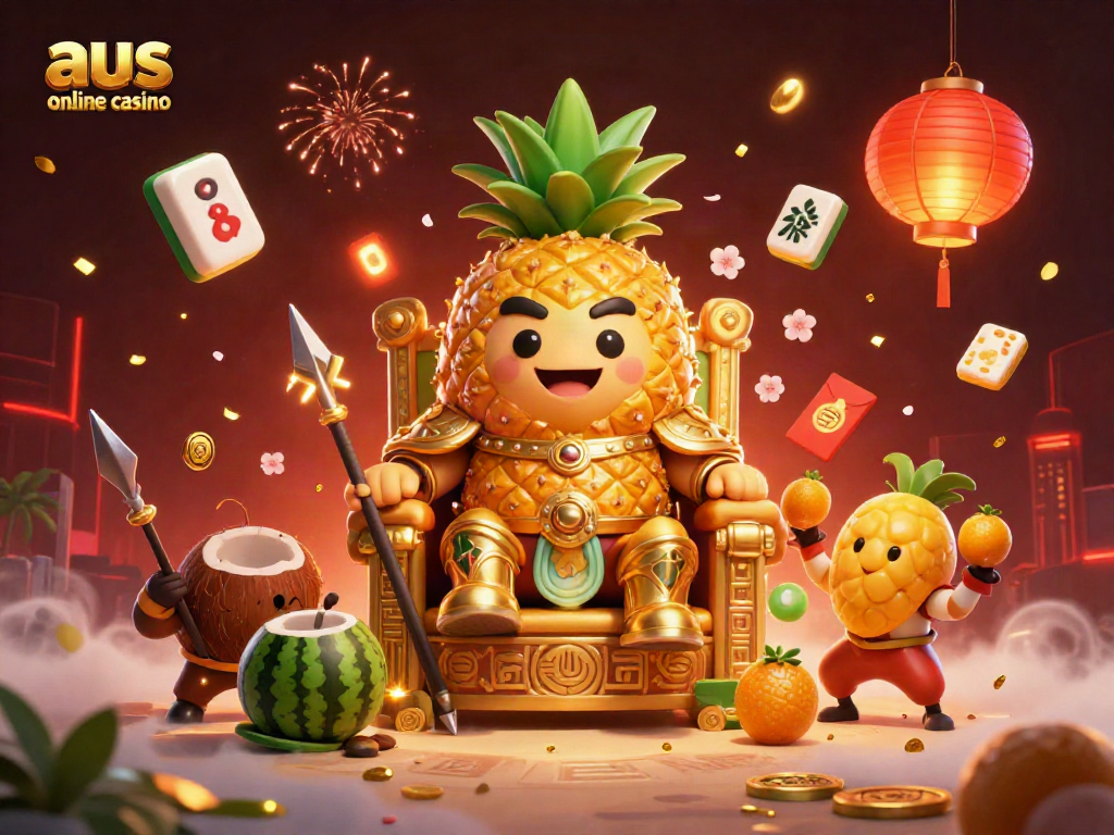 A vibrant scene showcasing the aus online casino theme with whimsical characters and festive elements.