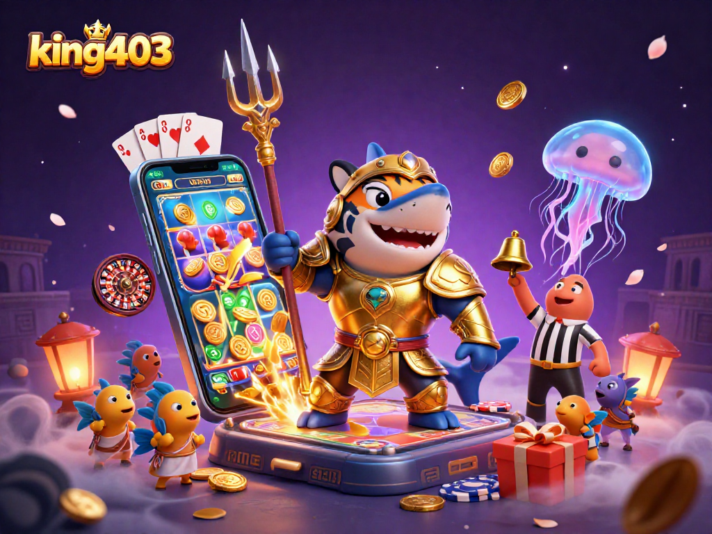 Experience the thrill at king403 with a shark gladiator in a vibrant underwater casino!