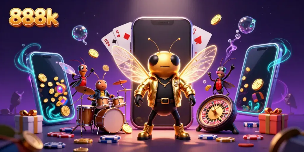 Engage with 888k’s exhilarating games showcased in a vibrant 3D casino illustration.
