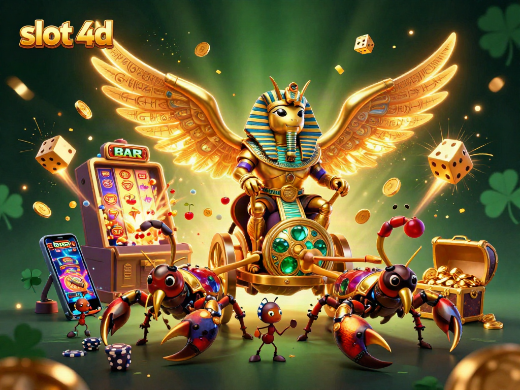 Menggunakan slot 4d, gambarlah ilustrasi kartun 3D yang menggambarkan scarab emas dan simbol slot berkilauan.