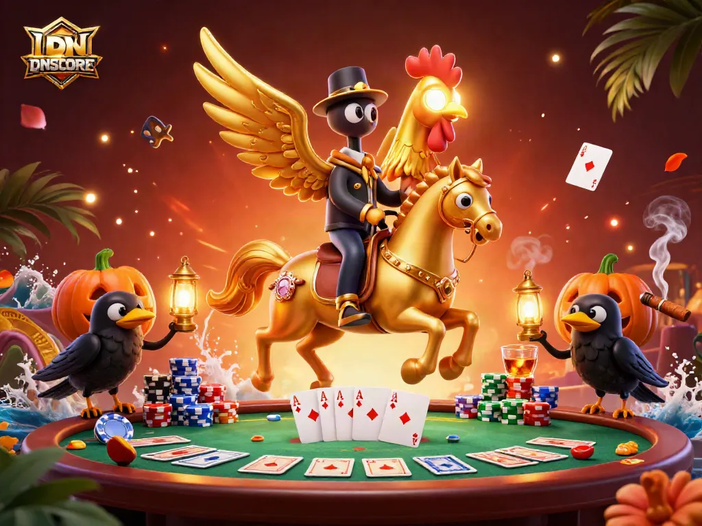 Experience the vibrant IDNSCORE casino scene featuring a golden rooster and dynamic gaming elements.