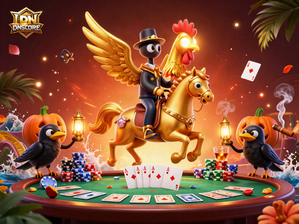 Experience the vibrant IDNSCORE casino scene featuring a golden rooster and dynamic gaming elements.