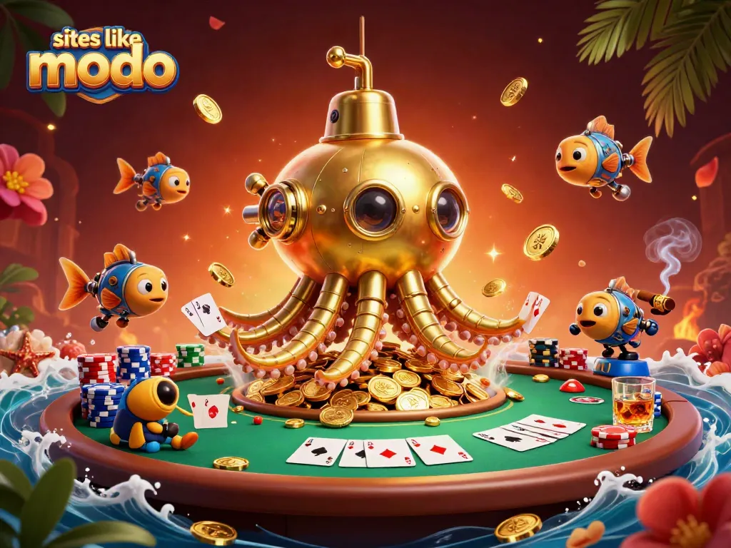 Discover exciting features of sites like modo in a vibrant 3D casino scene.