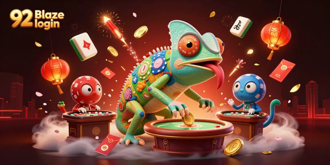 Engage in thrilling wins with 92 Blaze login, featuring vibrant casino elements and a chameleon owner.