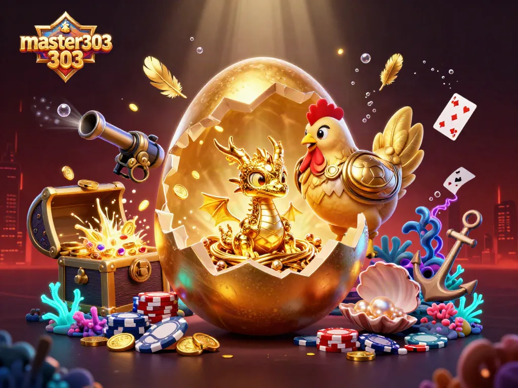 Master303 menghadirkan gambar ilustrasi kasino yang menampilkan naga emas dalam telur pecah dan chip poker, terjun ke permainan.