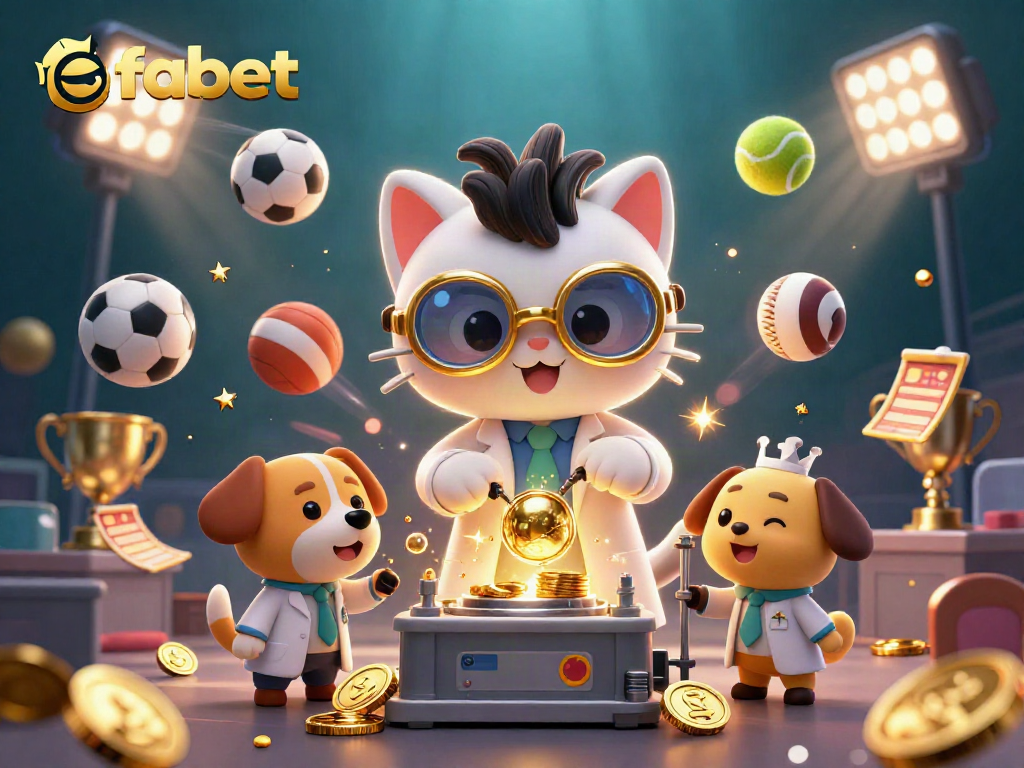 Engage in thrilling action with fabet as the cartoon mad scientist cat creates gold-coin magic in a bustling casino lab.