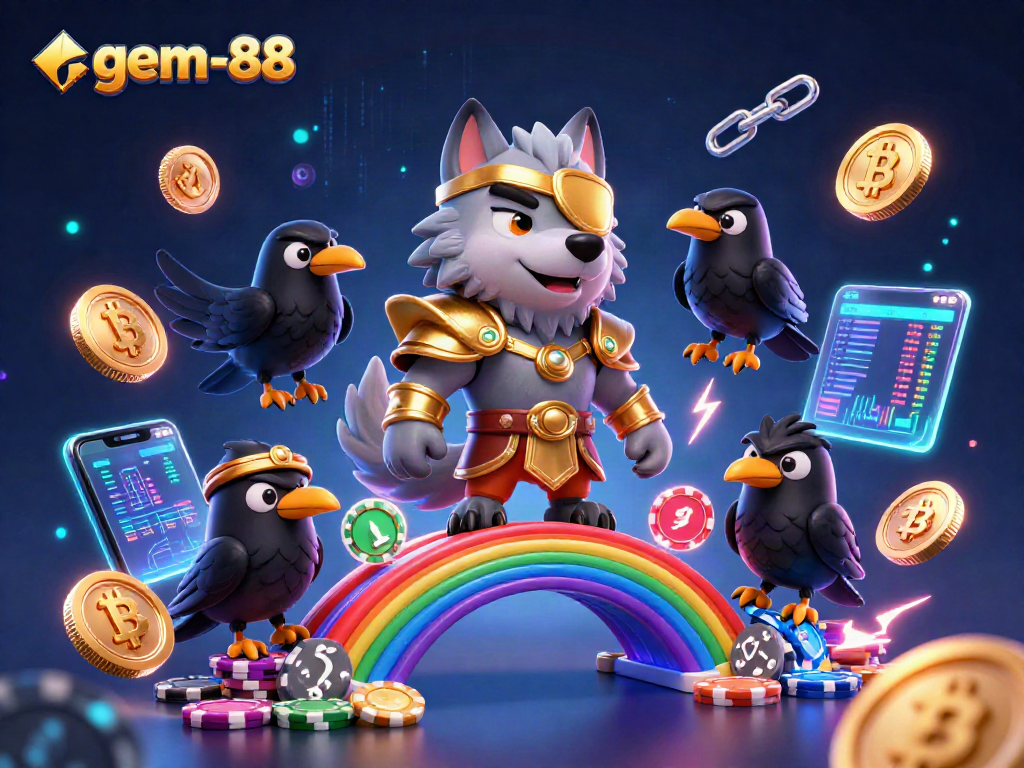 A dynamic scene with gem-88 characters engaging in casino-themed activity amidst glowing coins and vibrant elements.