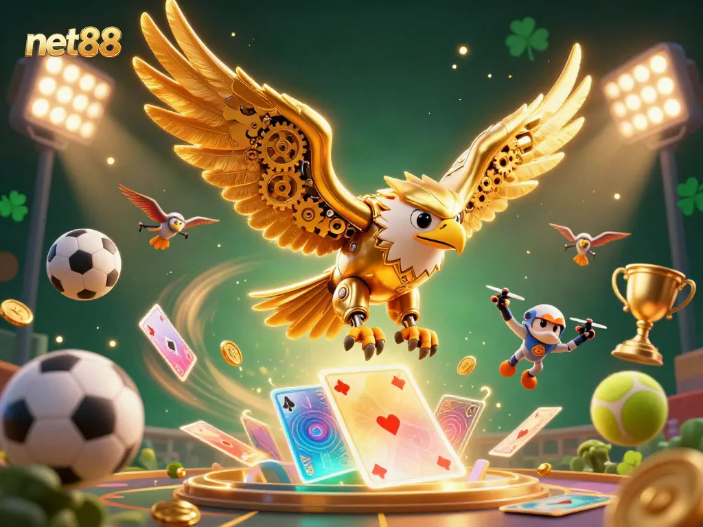 Experience the excitement of net88 with a dynamic scene of a golden eagle and vibrant sports elements.