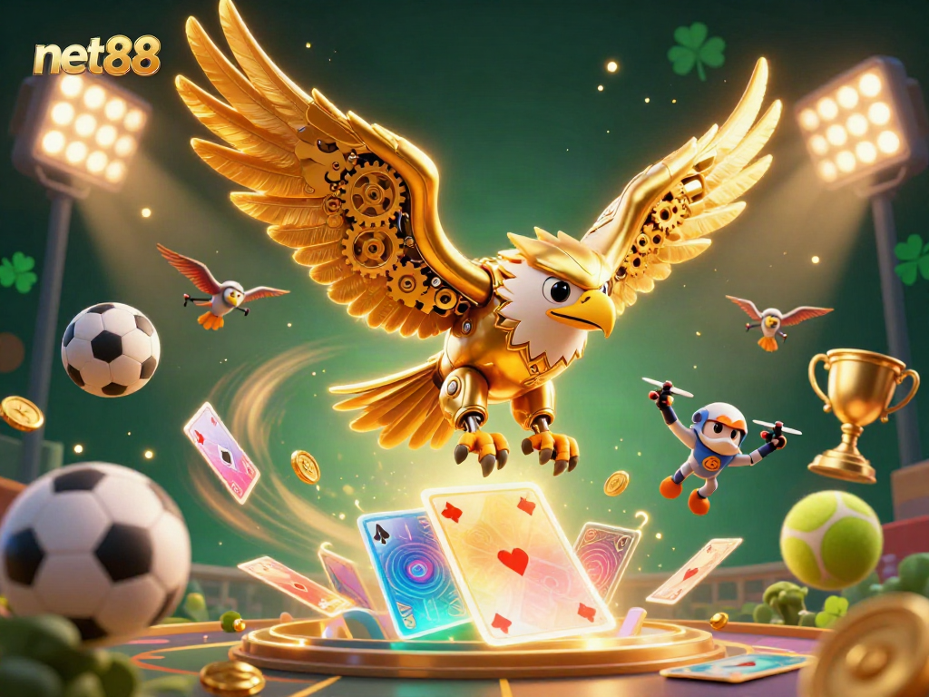 Experience the excitement of net88 with a dynamic scene of a golden eagle and vibrant sports elements.