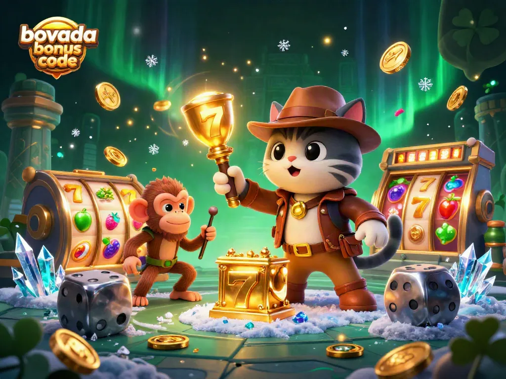 Engage with Bovada bonus code while exploring exciting casino artifacts and slot games in a vibrant scene.