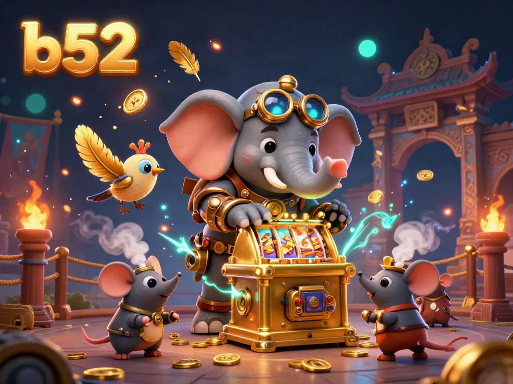 B52 gaming scene with a steampunk elephant operating a golden slot machine, vibrant casino elements around.