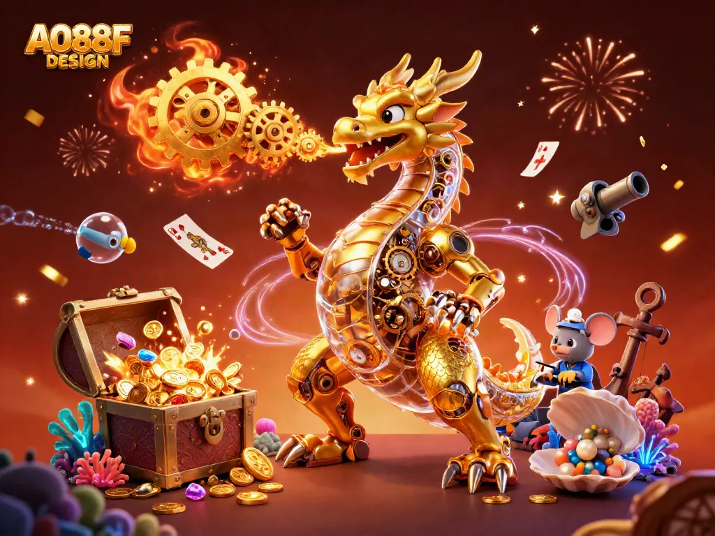 Play and win big with AO88F DESIGN in a vibrant, rich casino-themed 3D scene featuring a golden dragon and treasure.