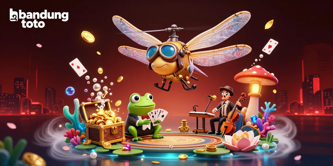 Experience the vibrant world of bandung toto with a fantasy casino scene featuring a frog dealer, dragonfly pilot, and lively musicians.