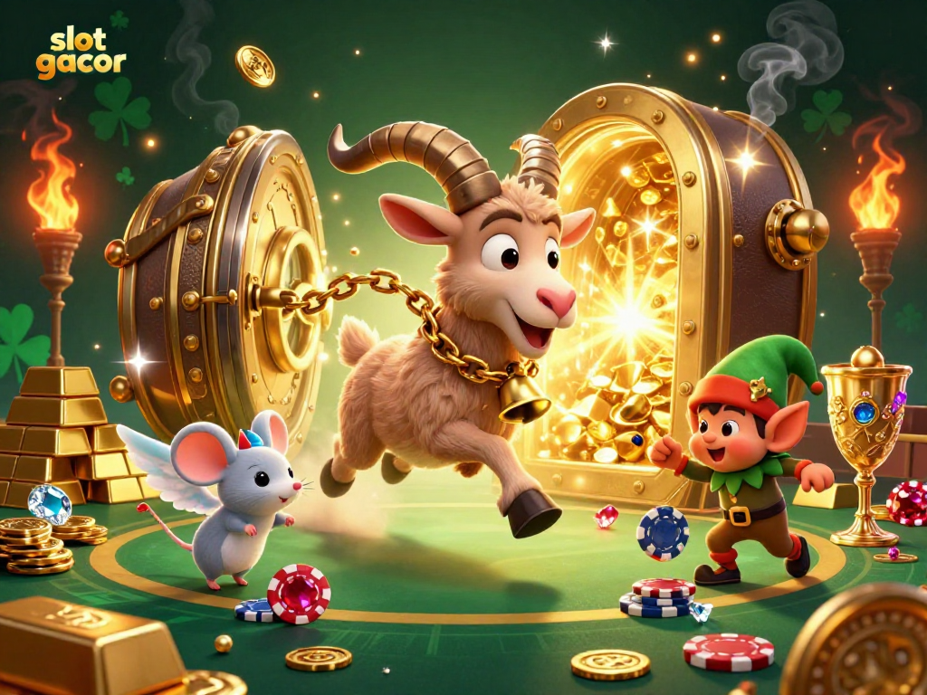 Menggandakan slot gacor dengan Krampus dan makhluk menggemaskan dalam kasino yang ramai.