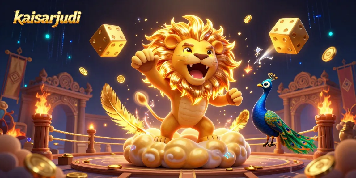 Experience kaisarjudi excitement with the roaring sun lion amidst vibrant casino elements.