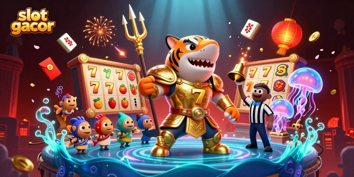 Menghadirkan permainan slot gacor dengan simbol cerah dan elemen perjudian, ilustrasi kasino yang dinamis.