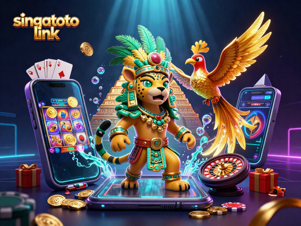 Engage with the singatoto link in this vibrant illustration of a Mayan jaguar priest and casino elements.