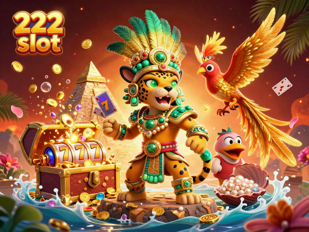 Mencoba keberuntungan di 222 slot dengan menarik jackpot dari mesin slot berwarna-warni yang dikelilingi oleh koin emas.