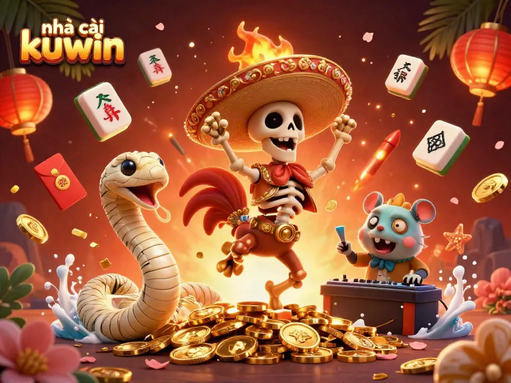 Experience thrilling wins at nhà cái kuwin with dynamic 3D casino illustration elements featuring victory celebrations.