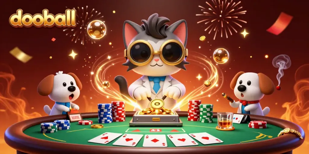 Engage in dooball action with a mad scientist cat and assistant dog among dynamic casino elements.