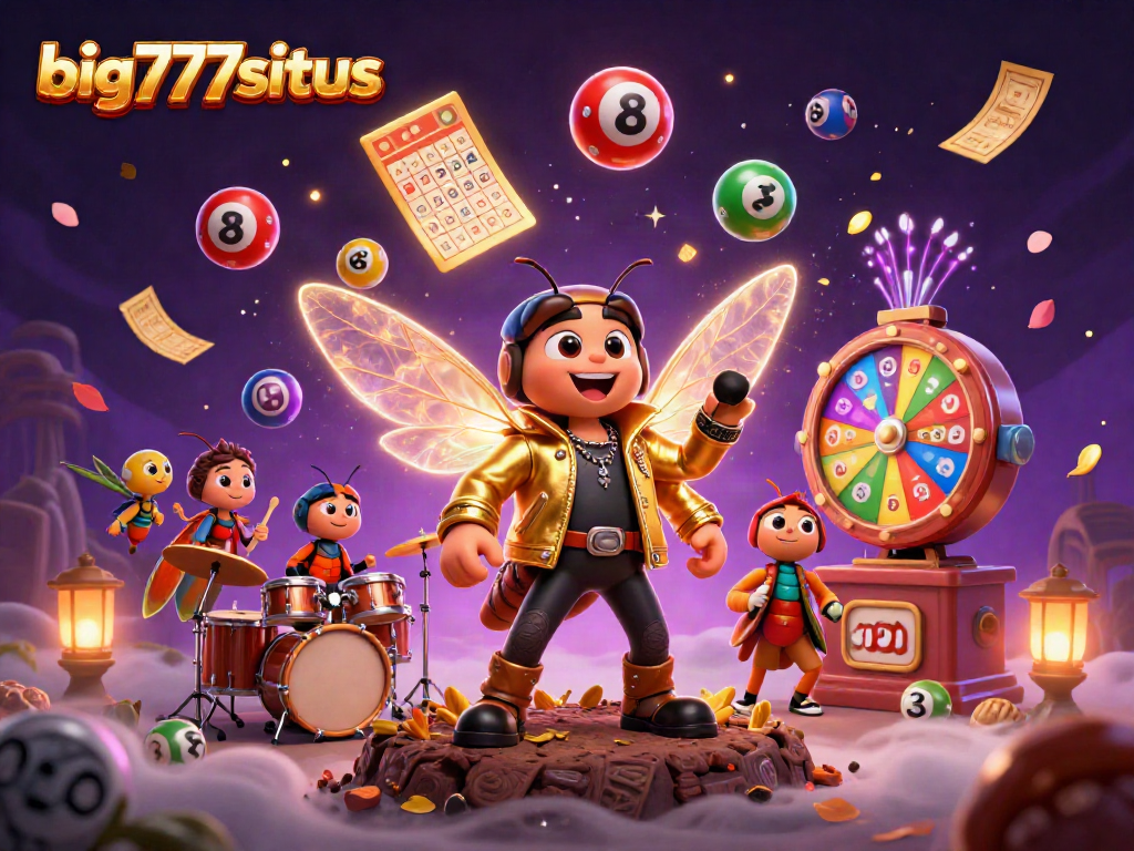 Experience the excitement of big777situs with vibrant lottery elements and lively characters in a casino scene.