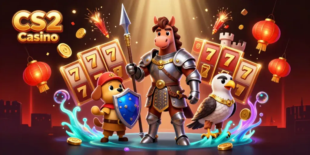 Engage in thrilling gameplay at CS2 Casino with characters celebrating amidst vibrant casino elements.