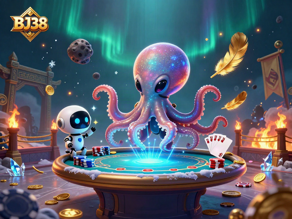 BJ38 showcases an alien octopus at a holographic poker table, with dynamic gambling elements