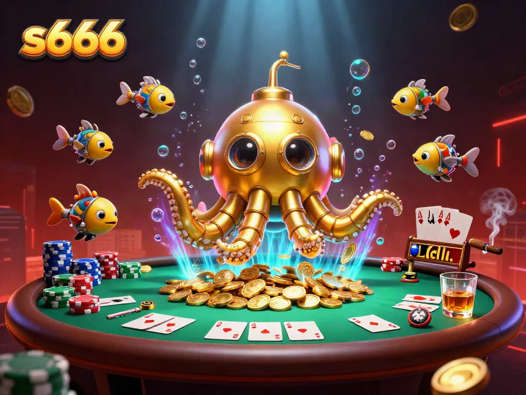 Experience the thrill of s666 as a golden kraken submarine emerges from coins amidst poker action.