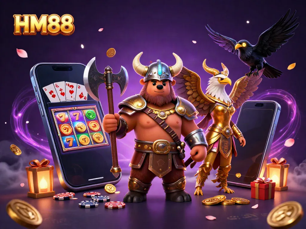 Experience the vibrant thrill of HM88 with Viking characters and exciting casino elements in a dynamic scene.