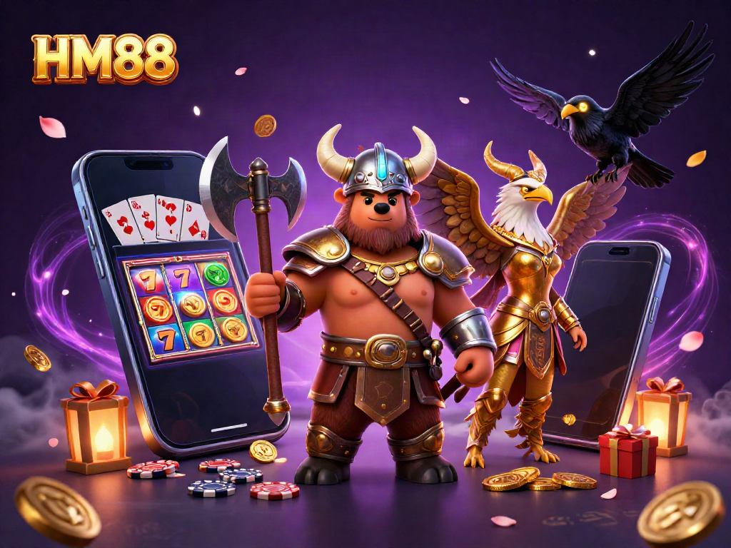 Experience the vibrant thrill of HM88 with Viking characters and exciting casino elements in a dynamic scene.