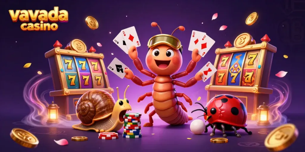 Engage with vibrant Vavada Casino action featuring a colorful millipede dealer, chip stacks, and cascading gold coins.
